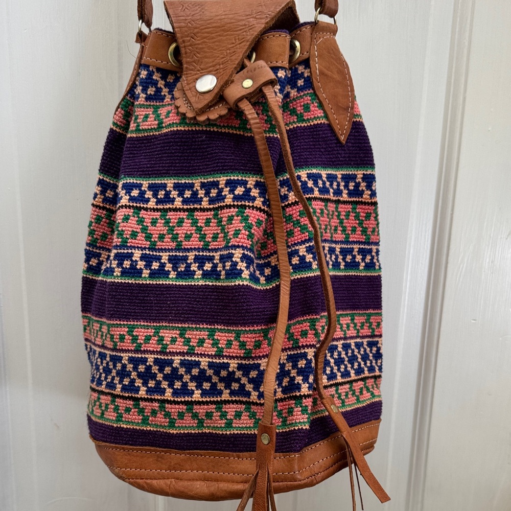 Boho Purple Woven Tan Leather Crossbody Vacation Bag